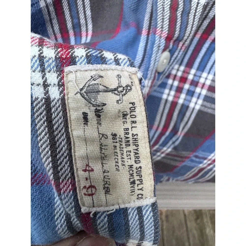 VTG 90s Polo Ralph Lauren Shipyard Supply Flannel Blue Shirt Large Loop Collar